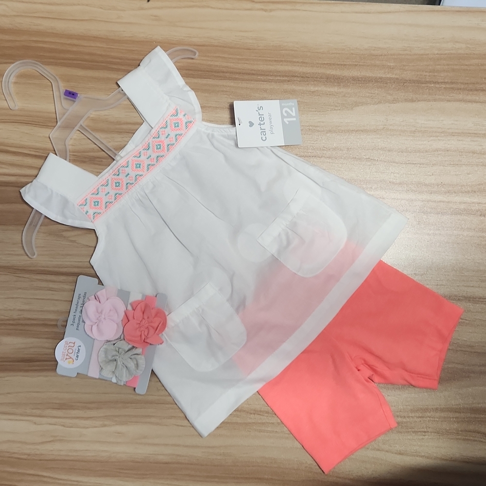 NWT 12 Month Carter's Outfit and headbands
